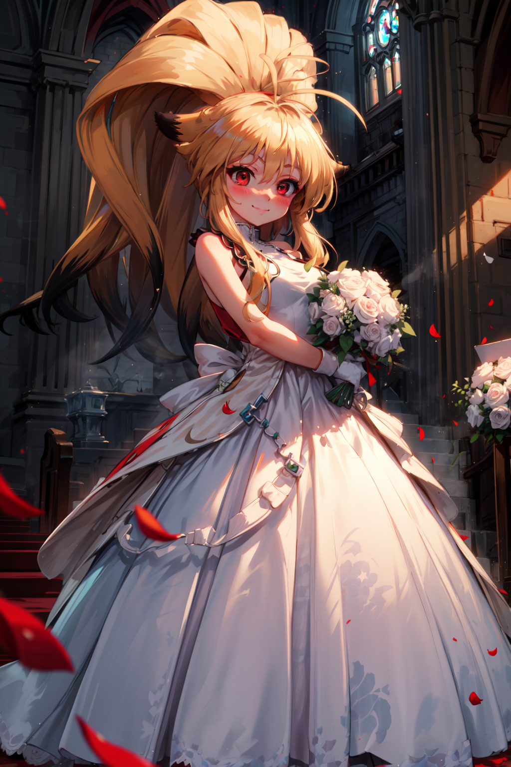 00501-3104598862-masterpiece,best quality,1girl,xiaomu,ahoge,ponytail,fox ears,multicolored hair,blonde hair,red eyes,smile,blush,(wedding dress).png